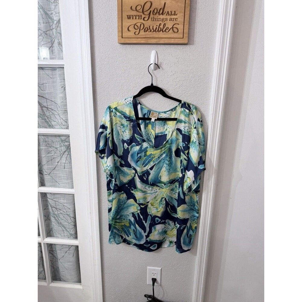JM Collection Women 2X Floral Blouse Navy Aqua Green V Neck Short Sleeve
